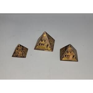 Vintage Egyptian Metal Pyramid Etched Bronze Copper Paperweight Lot (3)